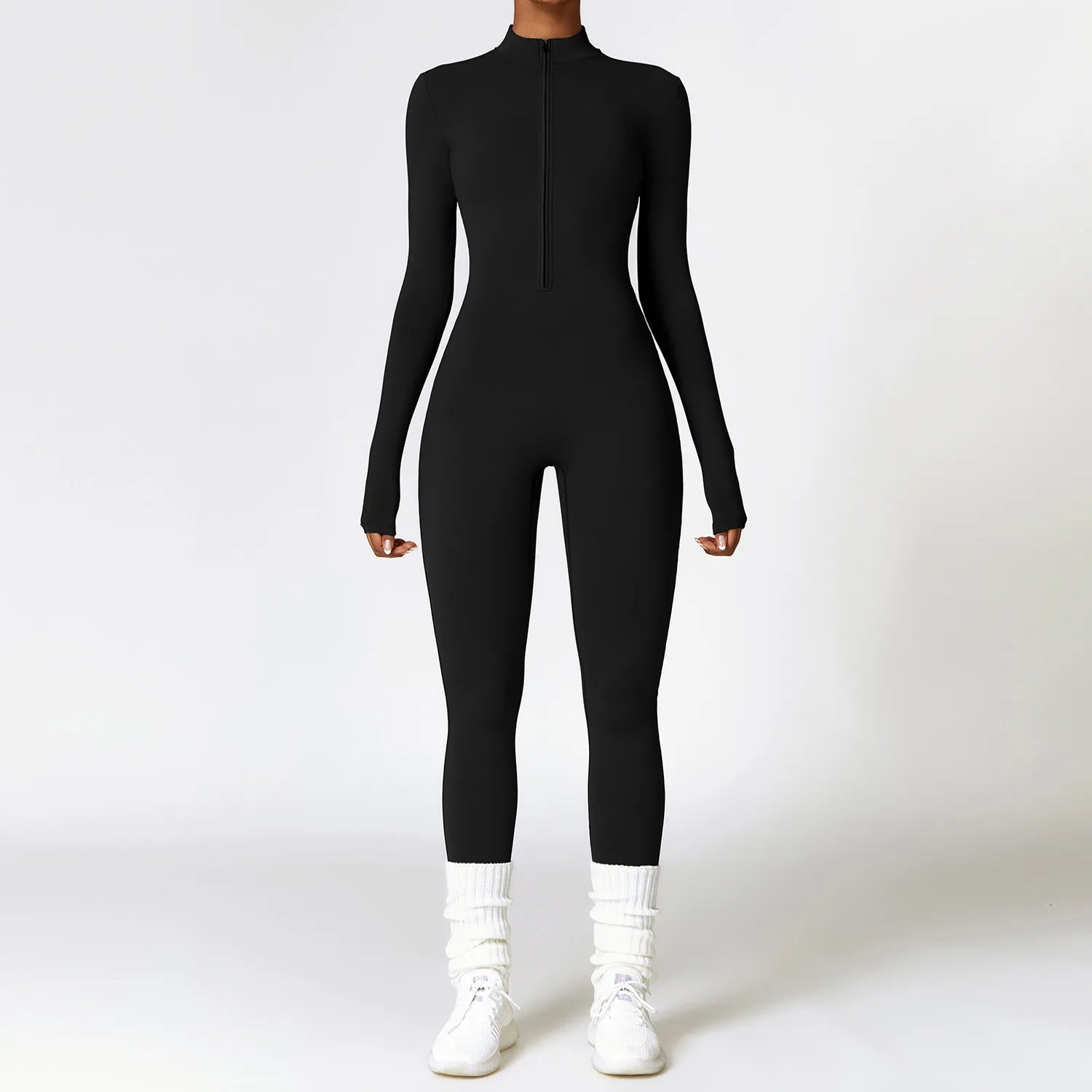 Women's Long Sleeve Nylon Blend Workout Jumpsuit with Front Zipper and Collar