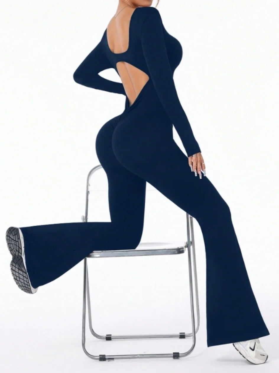 Women's Long Sleeve Nylon Blend Flared Workout Jumpsuit with Double Back Cutouts