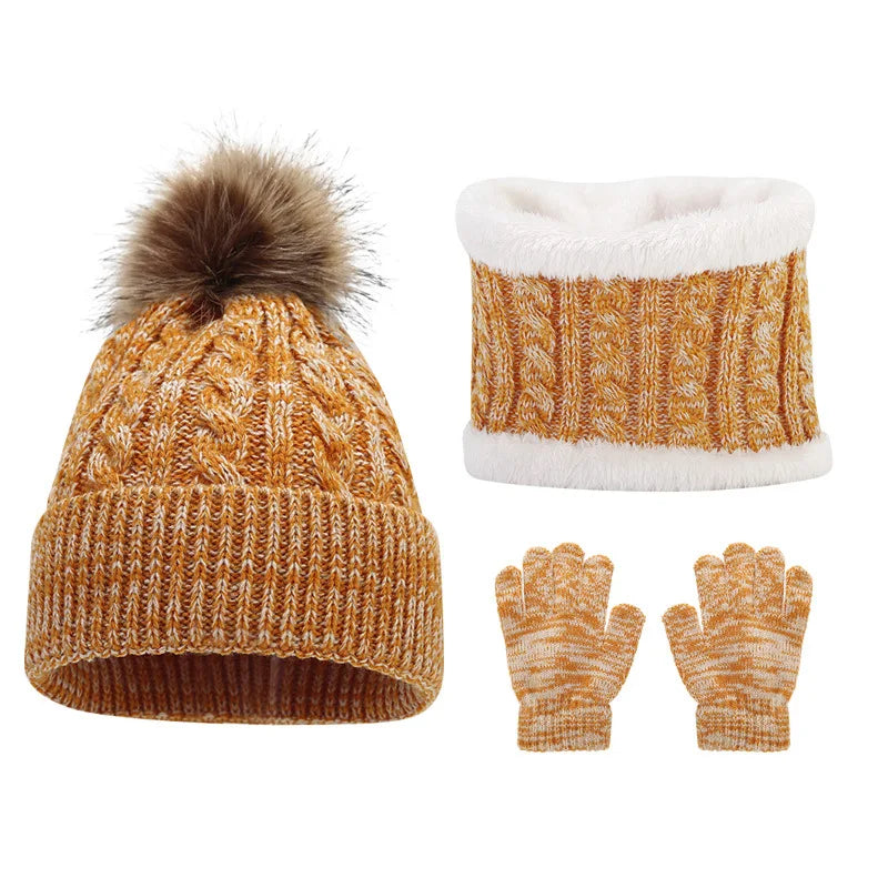 Children's Mixed-Colour Knitted Hat Scarf and Gloves Set for Winter Wear