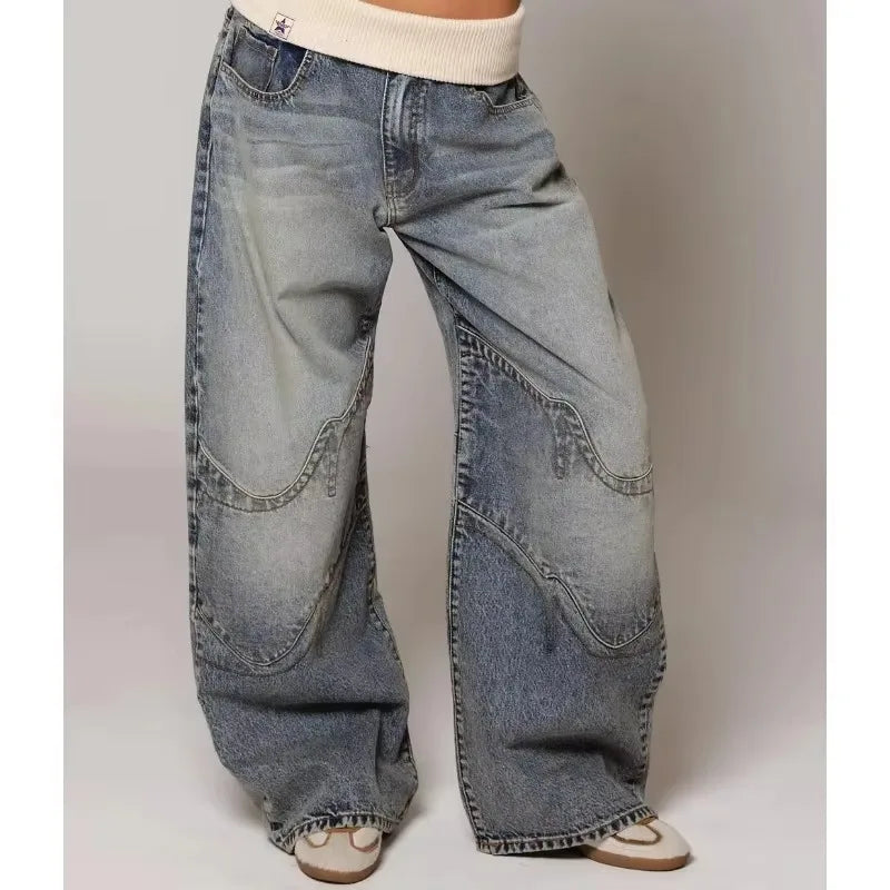 Women's Washed Elastic Waist Wide Leg Denim Jeans