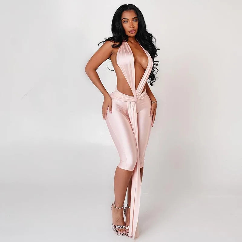 Women's Plunge Halter Polyester Jumpsuit with Waist Ties and Cropped Legs