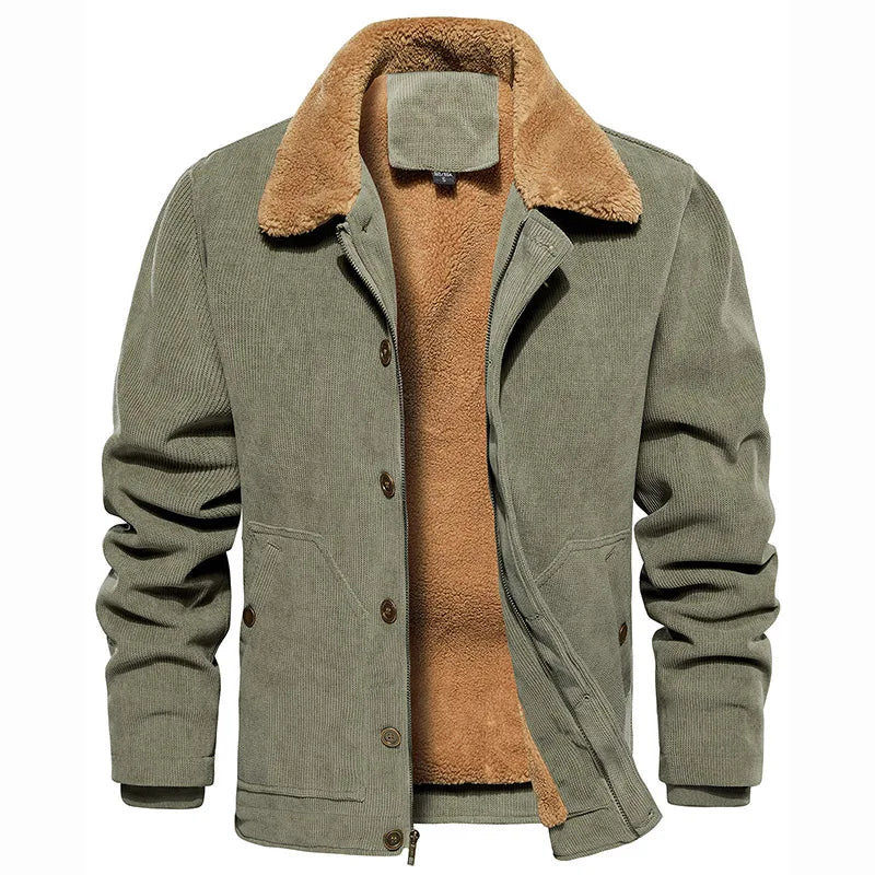 Men's Winter Corduroy Jacket Fleece Warm Lined Cargo Work Jacket Casual Thick Sherpa Collar Trucker Deck Navy Coats