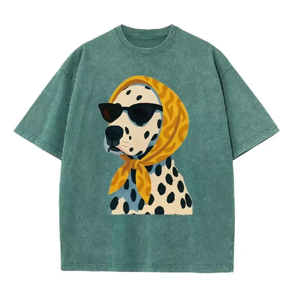 Distressed Vintage Washed Tee Stylish Cool Dalmatian Cartoon Animal Print Loose Fit Short Sleeve T Shirts