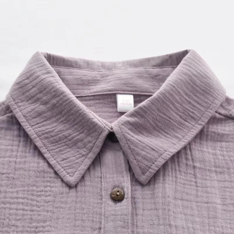 Women's Cotton Long-Sleeve Collared Loose A-Line Mini Shirt Dress with Front Buttons