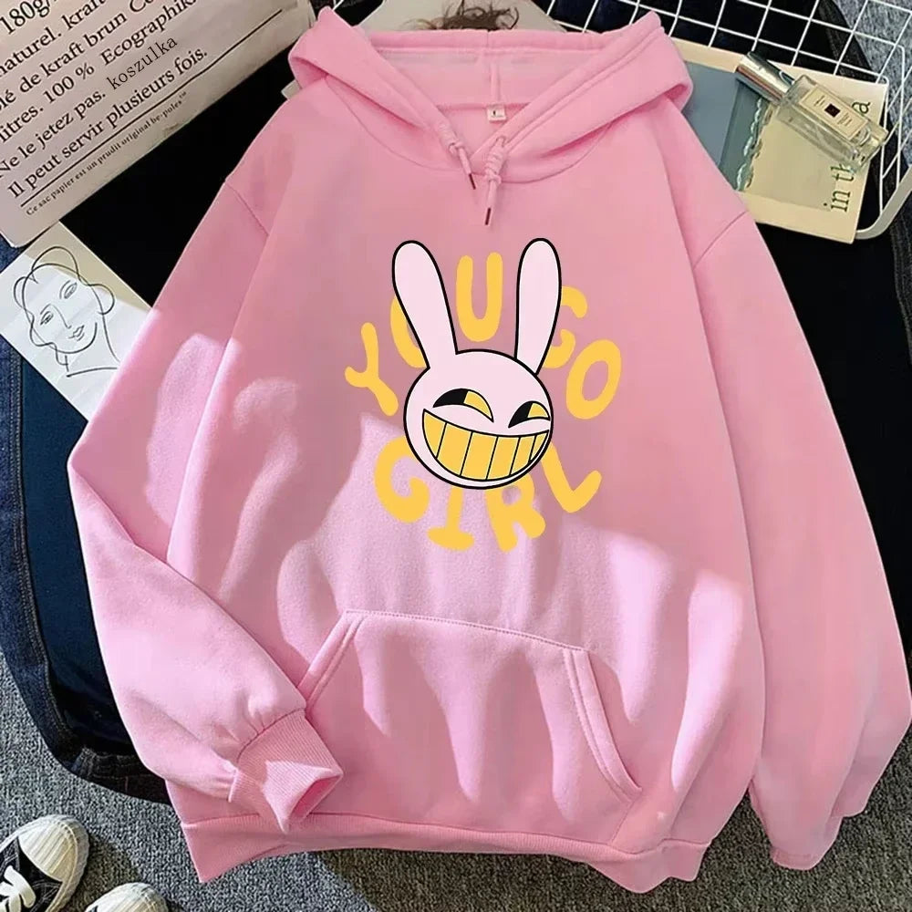 Rabbit-Graphic Long-Sleeve Fleece Pullover Hoodie