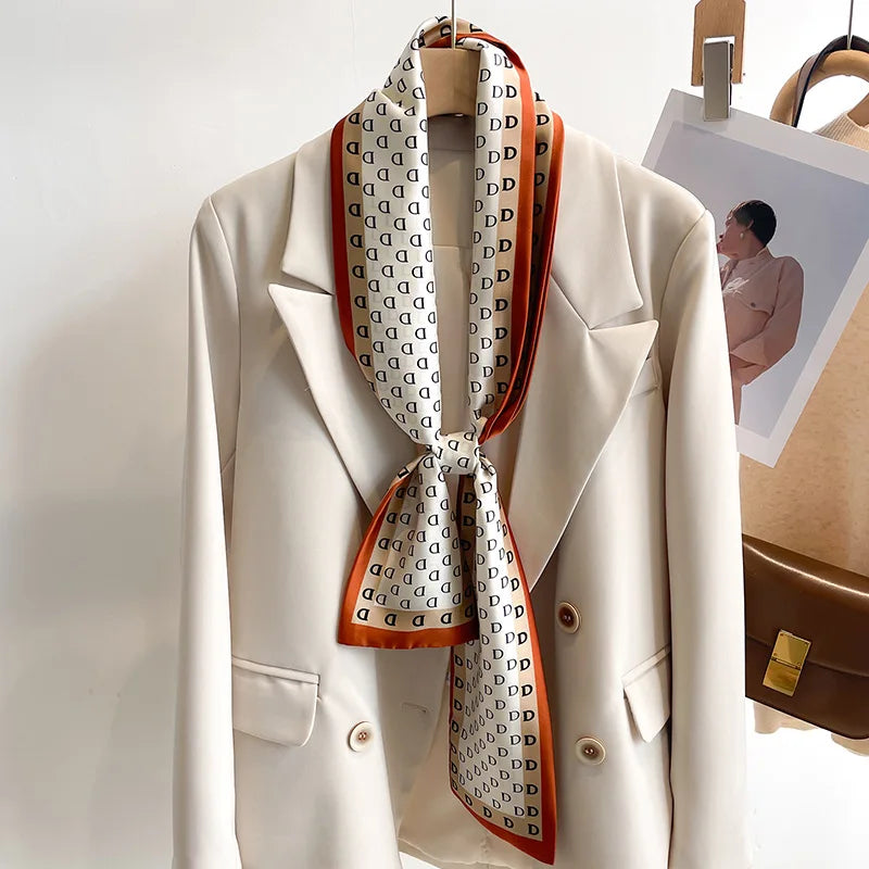 Printed Long Narrow Scarf with Decorative Ribbon Shape