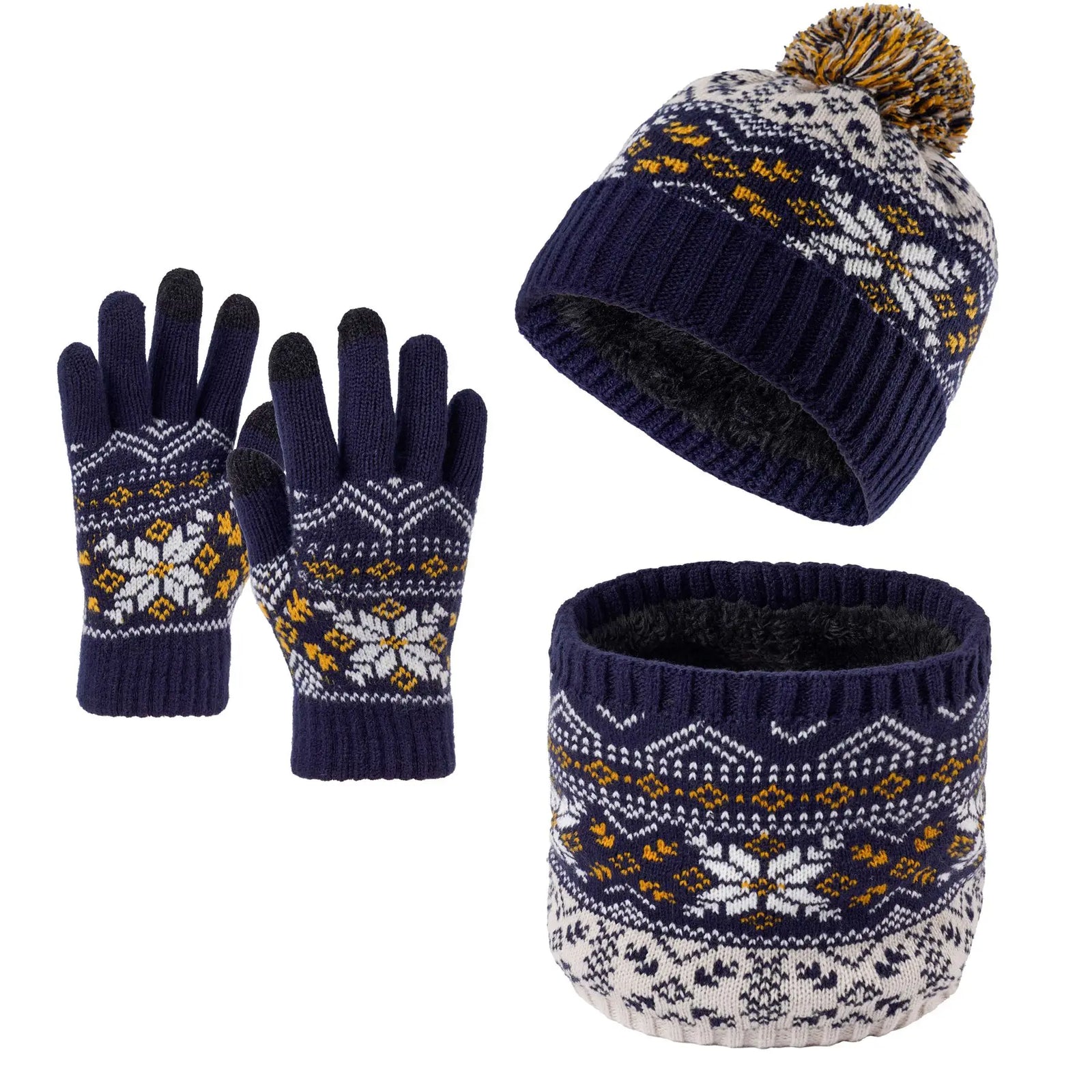 Children's Snowflake Knitted Hat Scarf and Gloves Set for Winter Wear