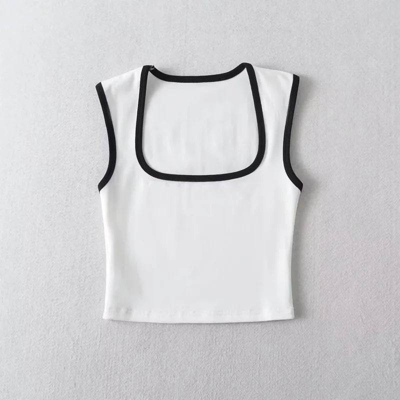 Women's Square Neck Crop Top with Contrast Trim and Cropped Length