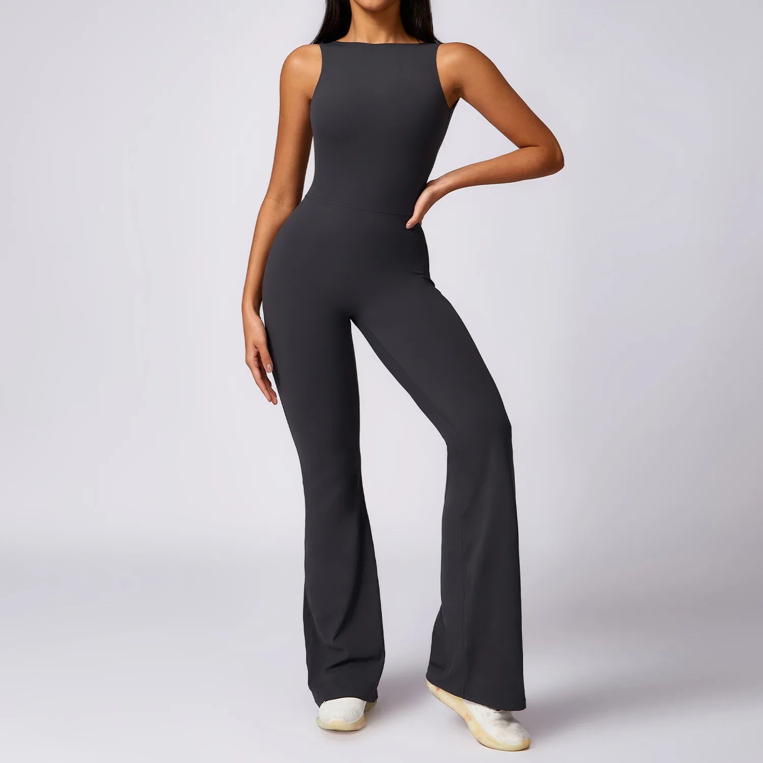 Women's High Neck Nylon Blend Flared Workout Jumpsuit with Scoop Back