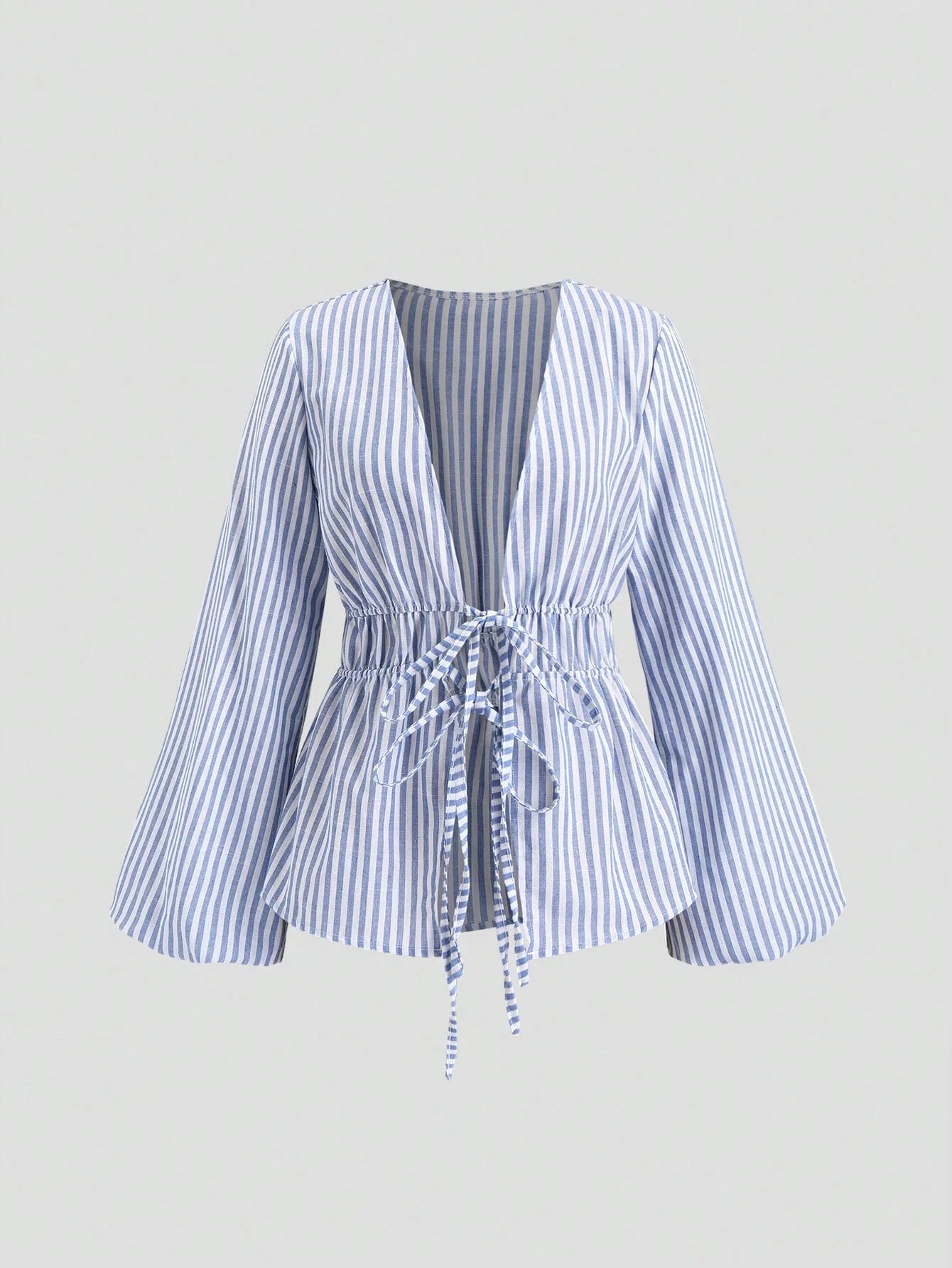 Women's Striped Wrap Blouse with Back Tie and Wide Sleeves