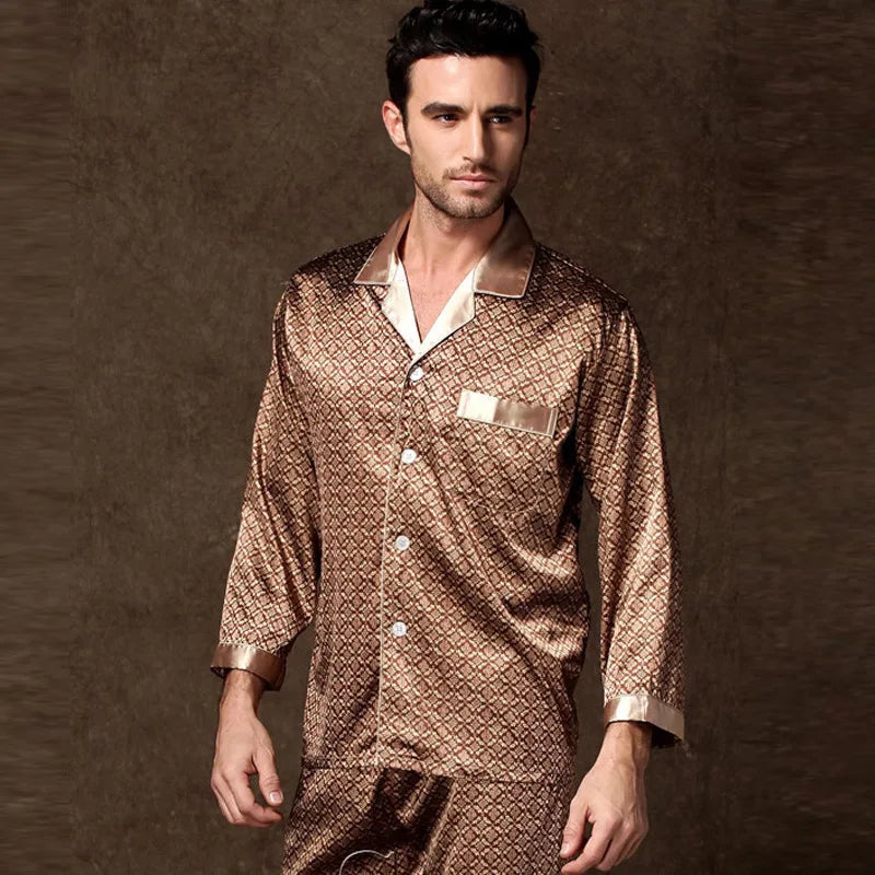 Men's Printed Lapel Button Front Shirt and Pants Pajama Set