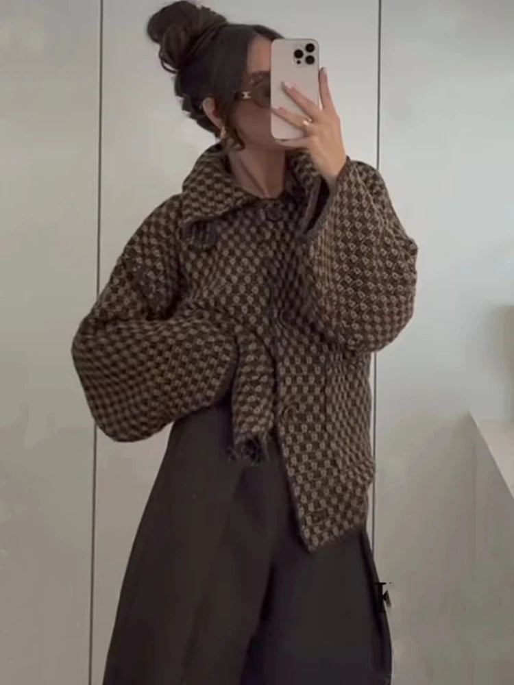 Women's Checked Button Front Shoulder Cape Cape Casual Knit Layer