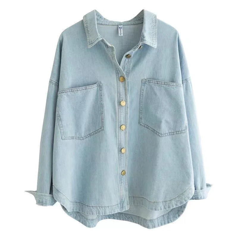 Women's Cotton-Polyester Long-Sleeve Button-Front Denim-Look Collared Shirt with Pockets for Casual Outfits