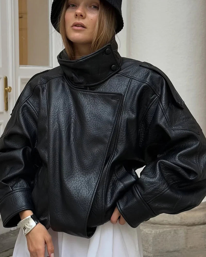 Women's Stand Collar Faux Leather Jacket for Layered Outfits