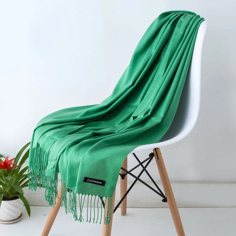 Solid Long Rectangular Scarf with Fringed End Trim