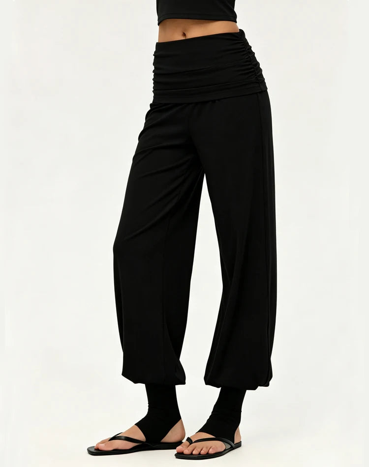 Women's Fold Over Waist Nylon Blend Harem Pants with Loose Legs