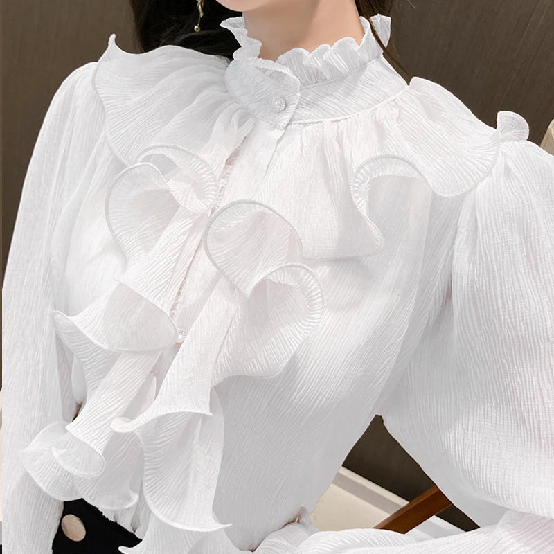 Women's Ruffled Stand Collar Long Sleeve Blouse