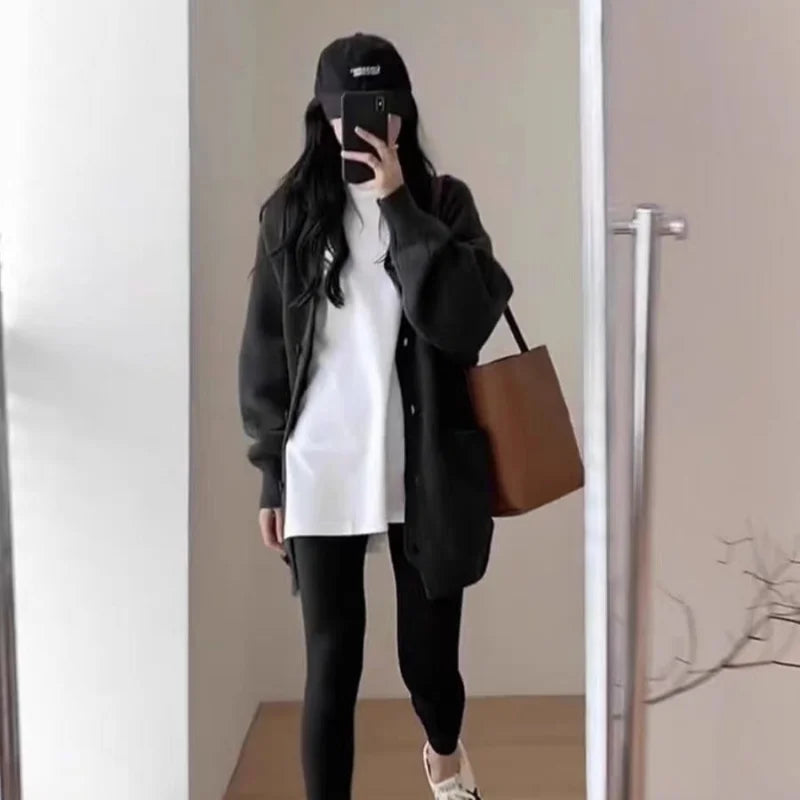 Elegant Versatile Round Neck Women's Autumn/Winter Loose Long-line Base Layer Sweater Wool Coat & Cashmere Knitted Cardigan