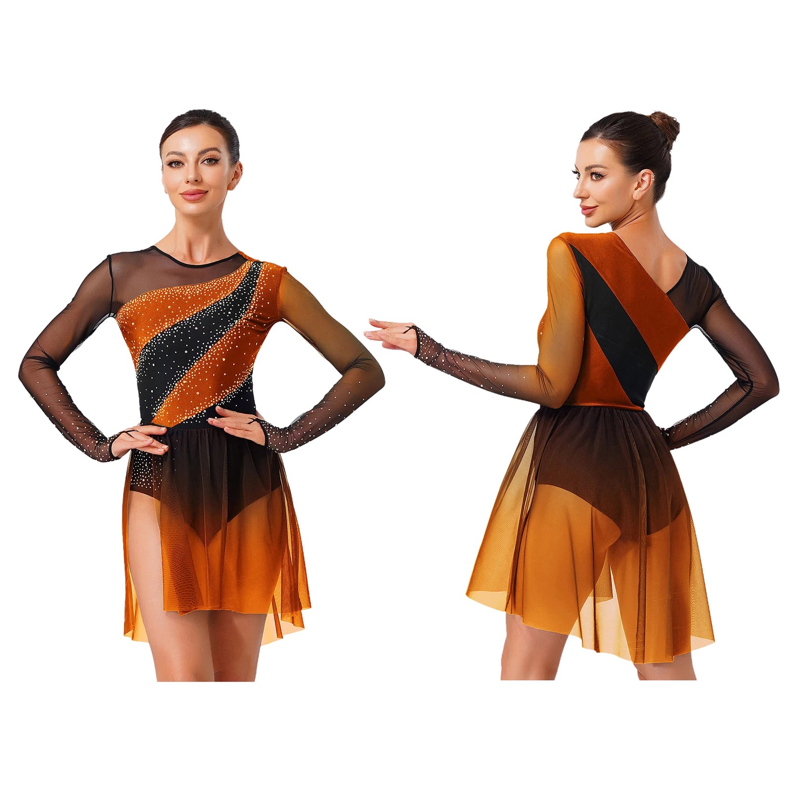 Women's Long Sleeve Mesh Dance Dress with Sequins and Asymmetric Panels