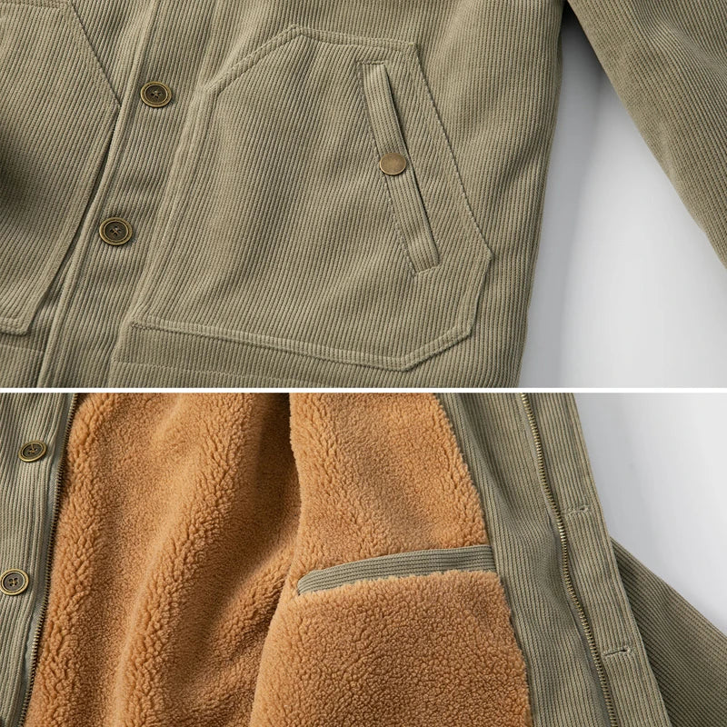Men's Winter Corduroy Jacket Warm Fleece Lined Cargo Work Coat Casual Thick Sherpa Collar Trucker Deck Navy Jackets