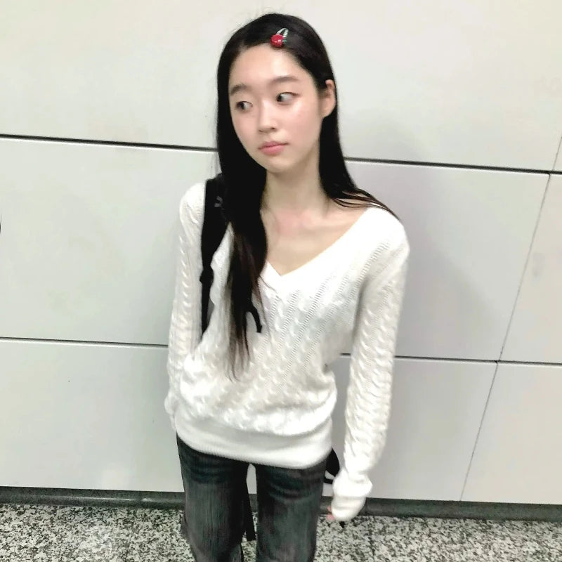 Women's V Neck Ribbed Long Sleeve Sweater Casual Knit Layer