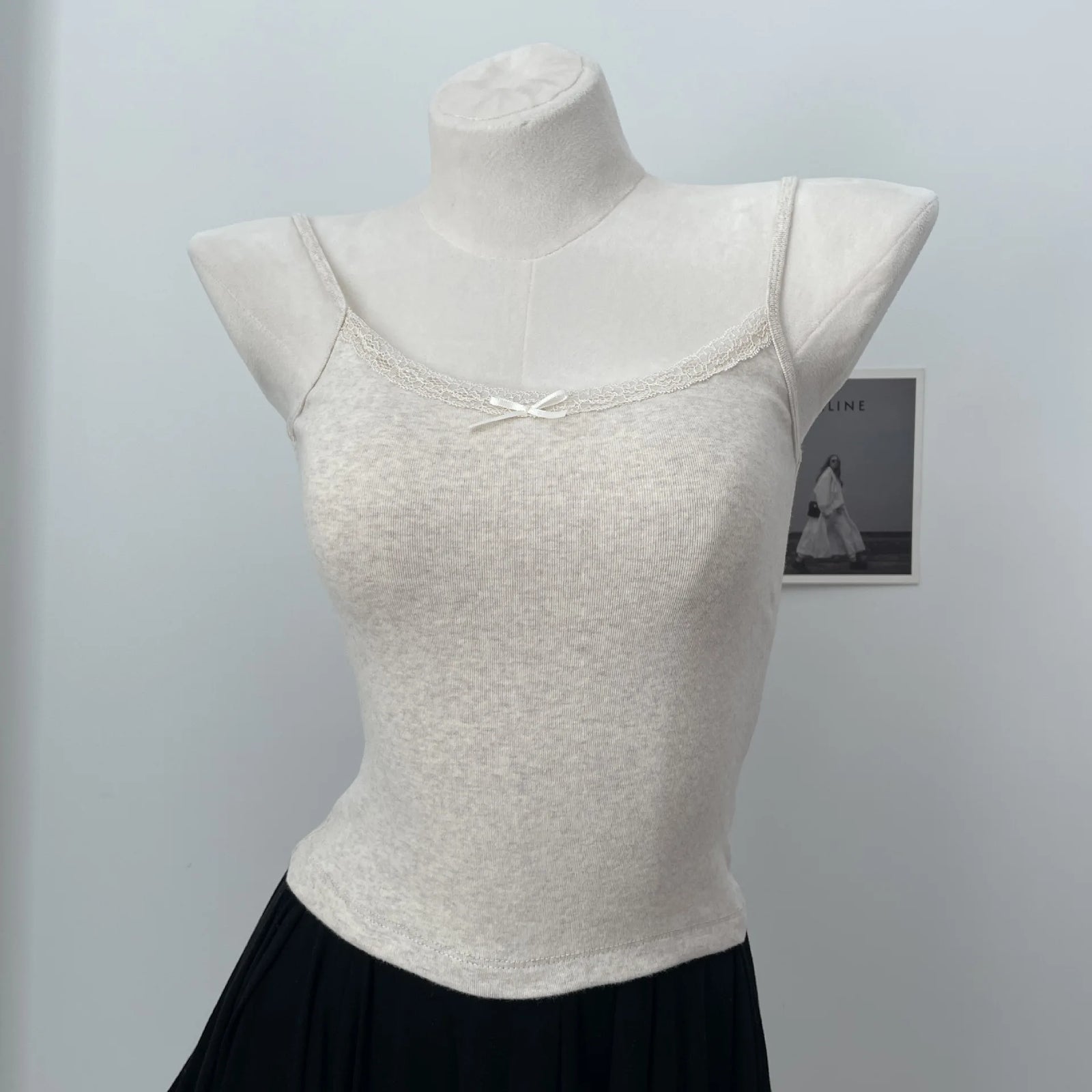 Women's Lace Trim Cotton Camisole with Bow Detail and Multiple Pattern Options