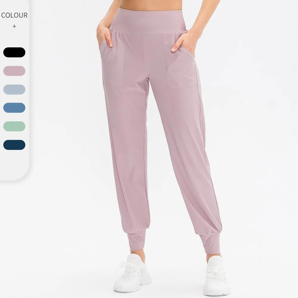Women's High Waist Nylon Blend Workout Pants with Side Pockets and Cuffed Ankles