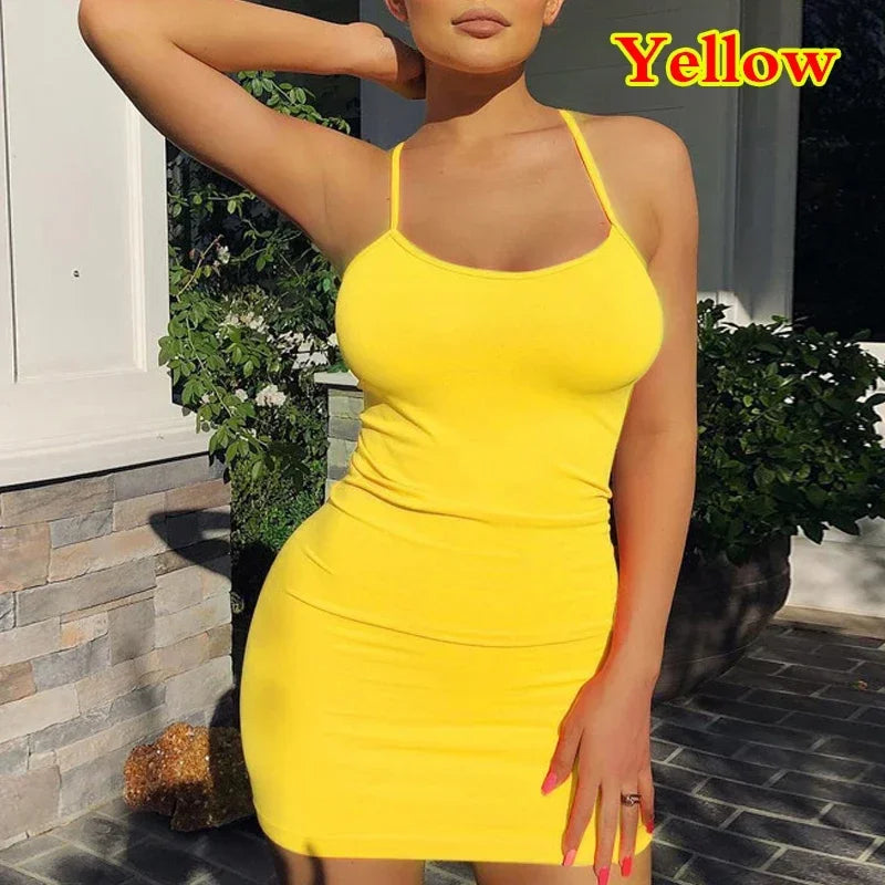 Women's Fitted Scoop Neck Spaghetti Strap Mini Dress For Casual Outfits
