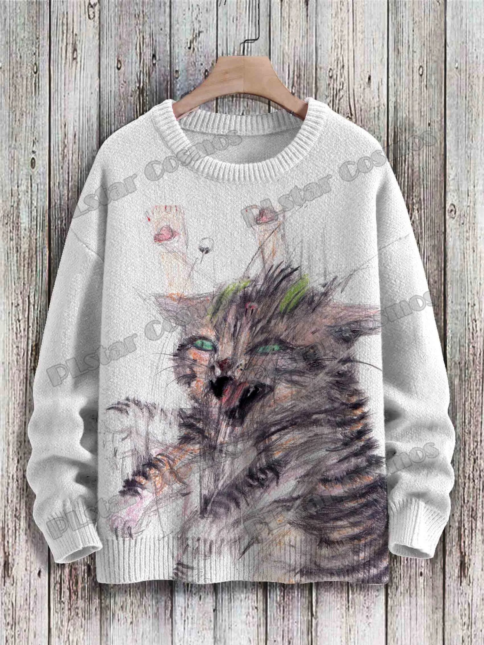 Men's Cat Print Crew Neck Long Sleeve Sweater
