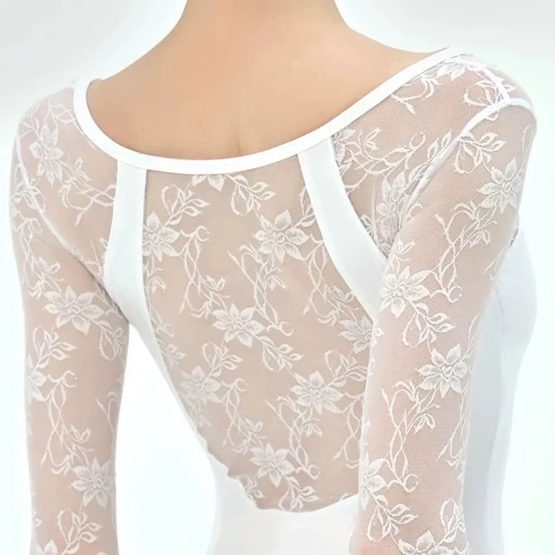 Women's Lace Sleeve Ballet Leotard with V Neckline and Back Opening