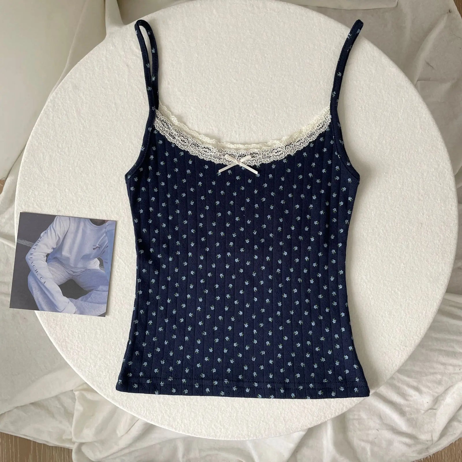 Women's Lace Trim Cotton Camisole with Bow Detail and Multiple Pattern Options