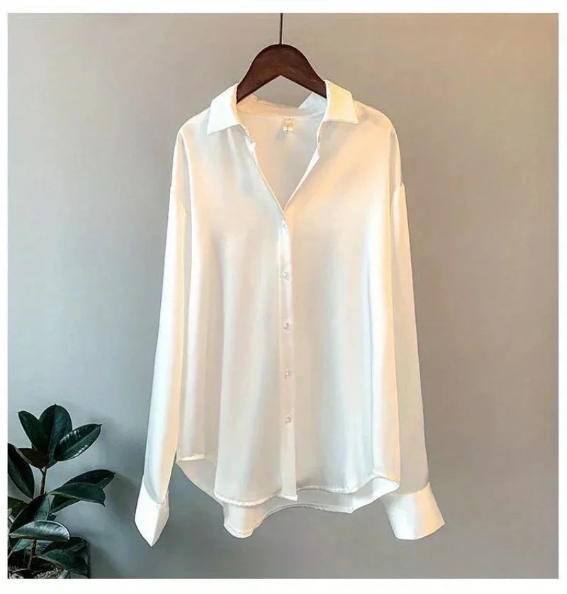 Women's Long Sleeve Button Front Satin Look Shirt