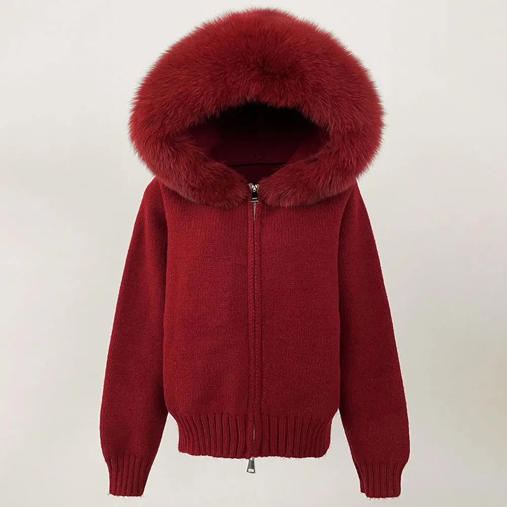 Women's Hooded Zip Front Fluffy Trim Jacket Casual Knit Layer