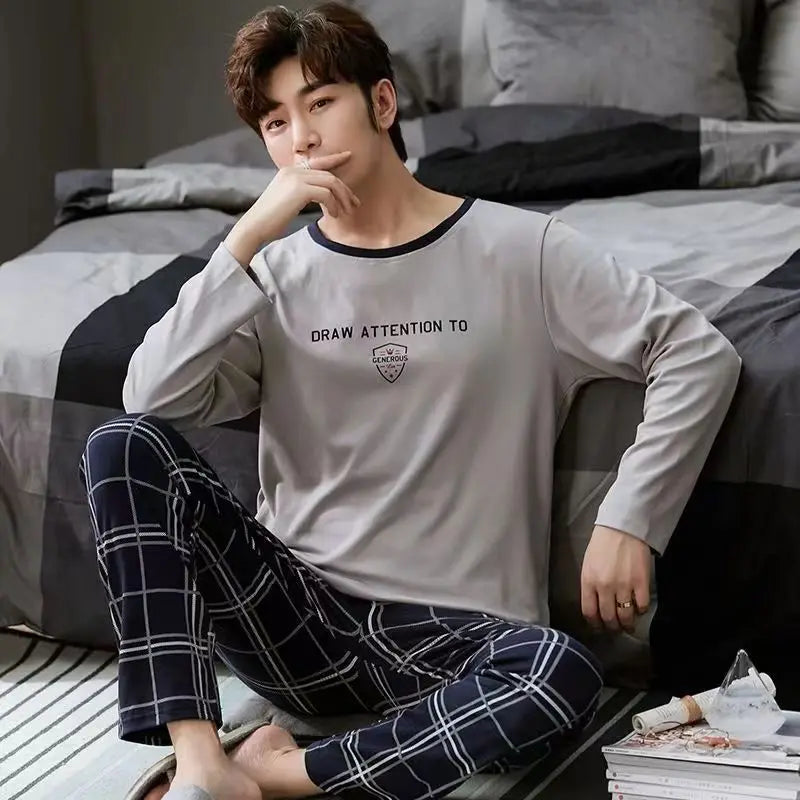 Men's Printed Long Sleeve Crew Neck Top and Pants Pajama Set