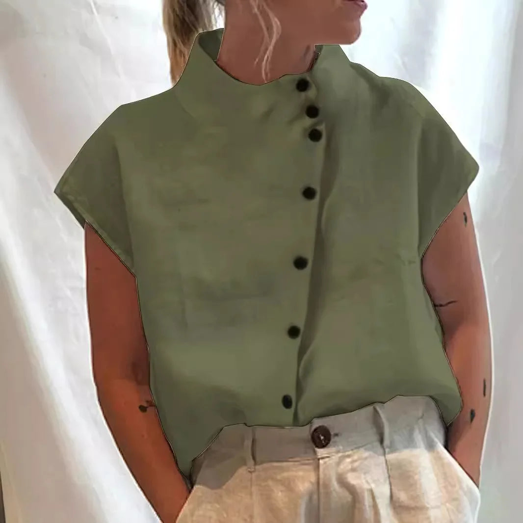 Women's Stand Collar Short Sleeve Button Front Shirt