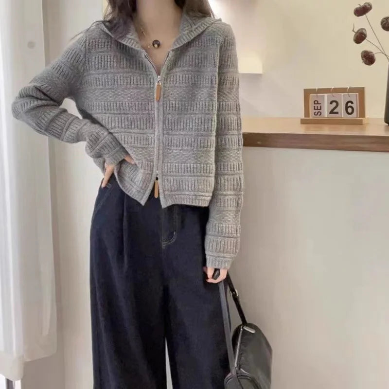 Autumn and Winter Thickened 100% Pure Wool Women's Hooded Knit Cardigan Loose Sweater Coat with Double Zippers Short Style