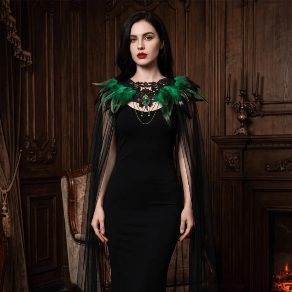 Feather Collar Sheer Long Cape for Layering over Outfits