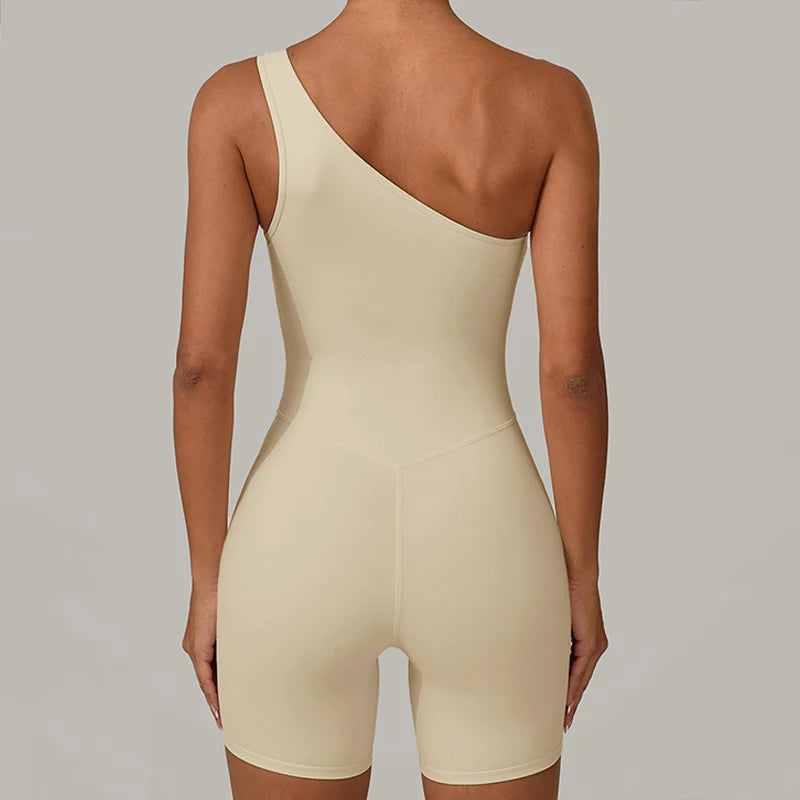 Women's One Shoulder Nylon Blend Workout Romper with Fitted Short Legs