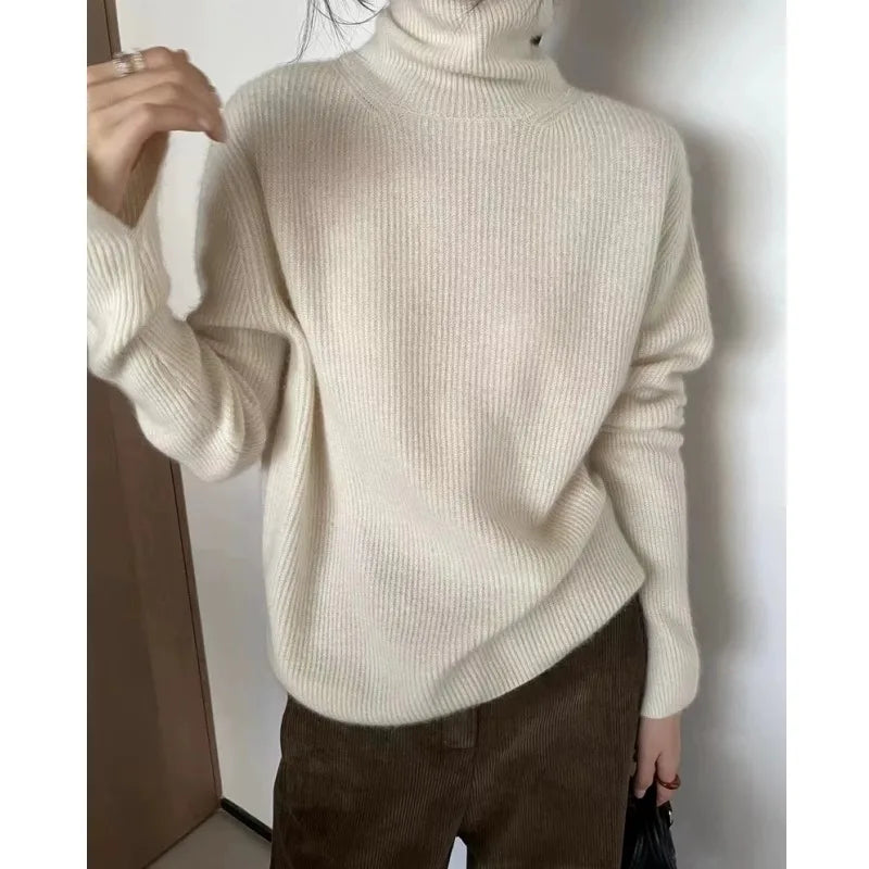 Foreign style autumn and winter turtleneck 100% pure cashmere sweater women lazy loose thick jumper knitted wool base shirt
