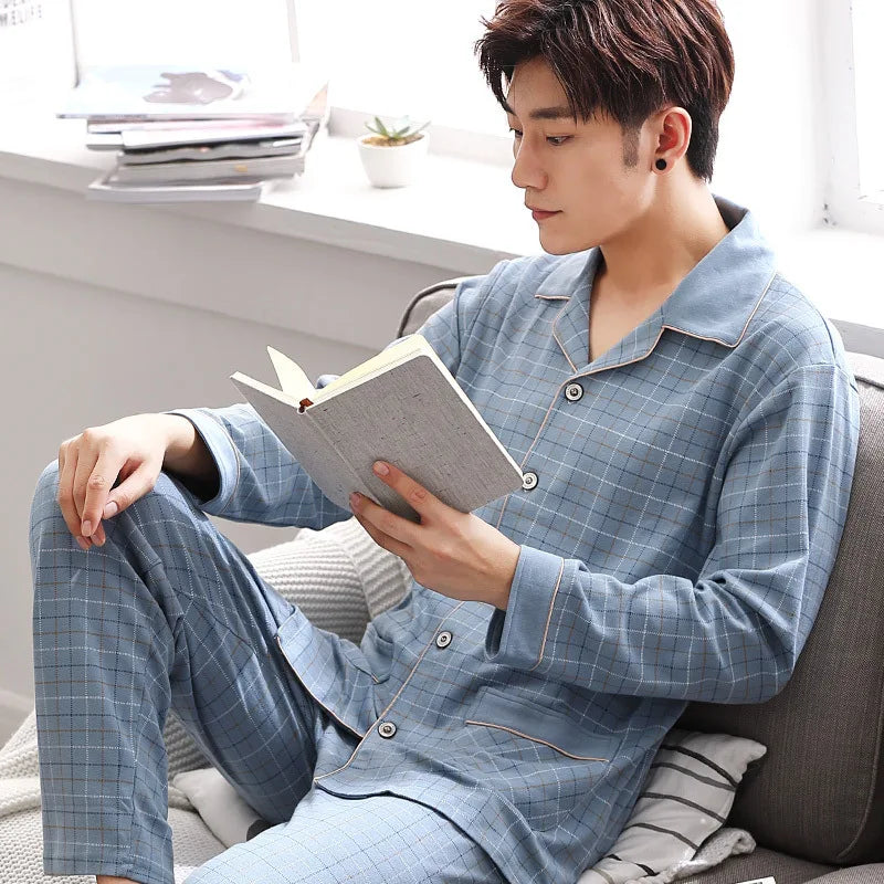Men's Plaid Button Front Long Sleeve Shirt and Pants Pajama Set