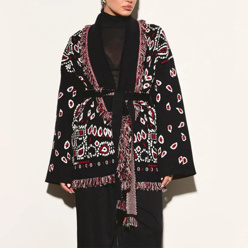 Women's Paisley Belted Button Front Cardigan Casual Knit Layer
