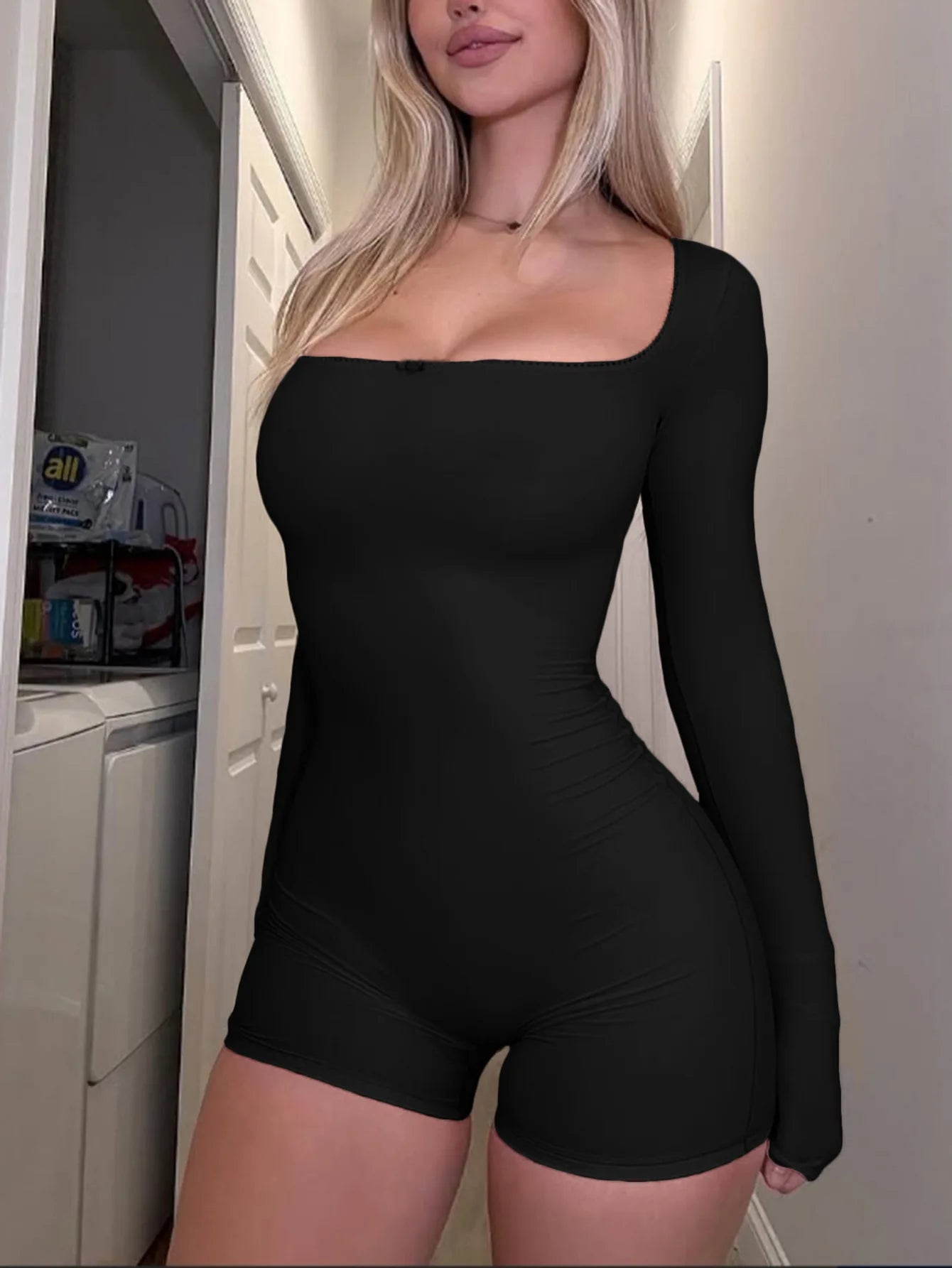 Women's Square Neck Long Sleeve Polyester Romper for Everyday Outfits