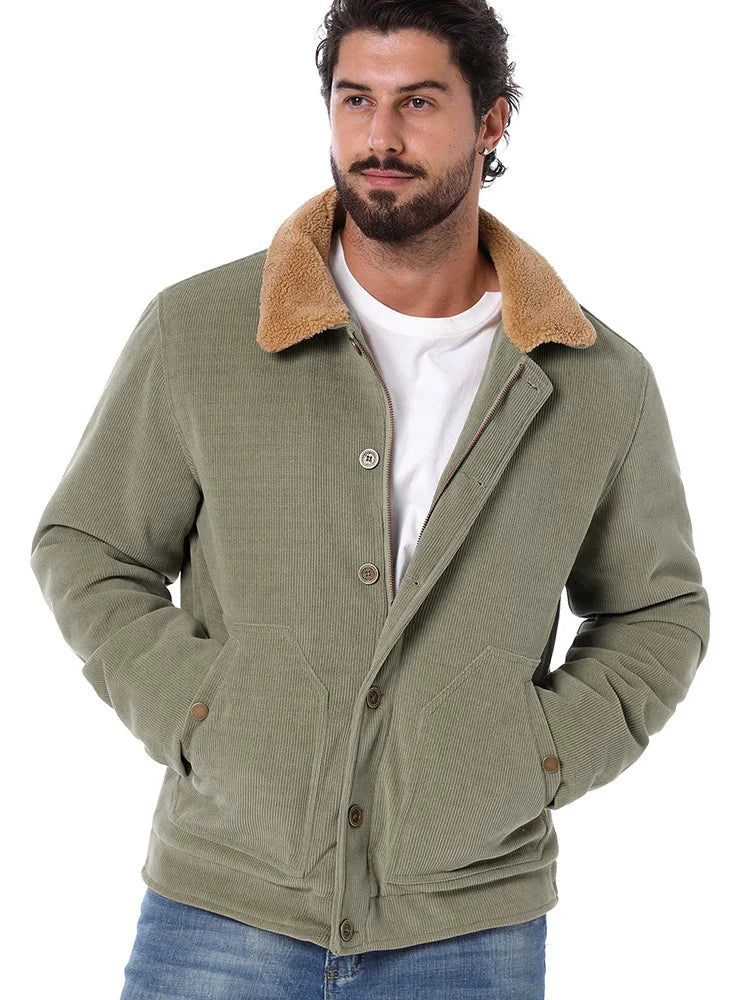 Men's Winter Corduroy Jacket Fleece Warm Lined Cargo Work Jacket Casual Thick Sherpa Collar Trucker Deck Navy Coats