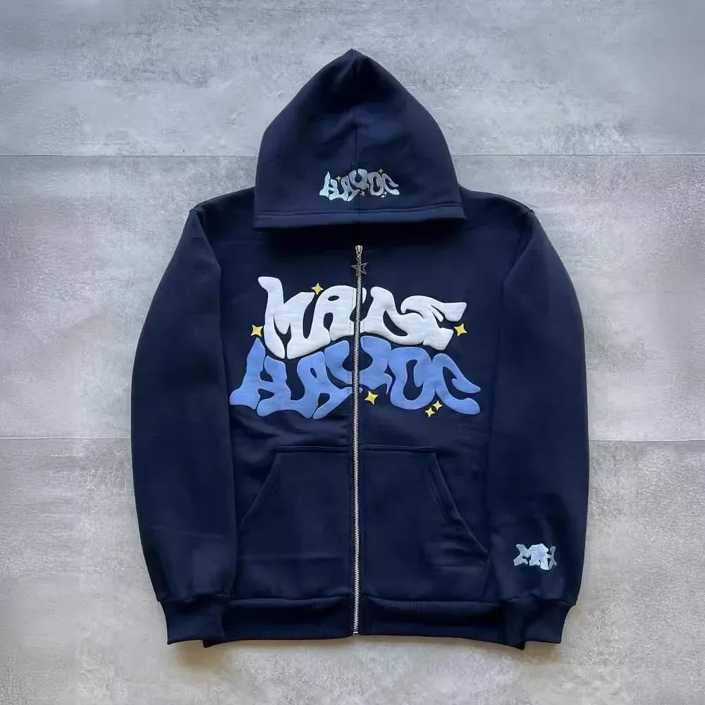 Men's Letter-Print Fleece Long-Sleeve Zip-Front Hoodie