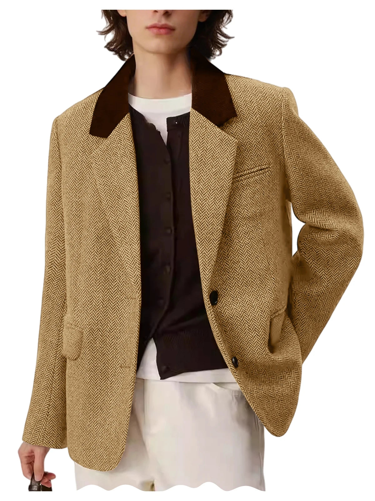 Men's Herringbone Two-Button Notch-Lapel Blazer with Contrast Collar