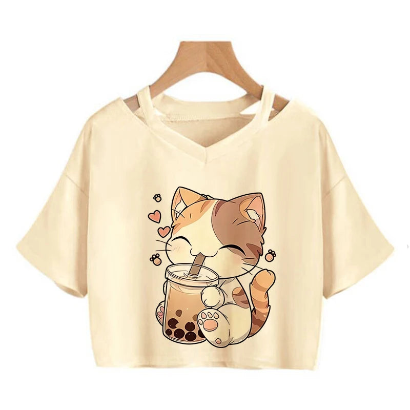 Orange Tabby Cat Graphic Cropped T-Shirt