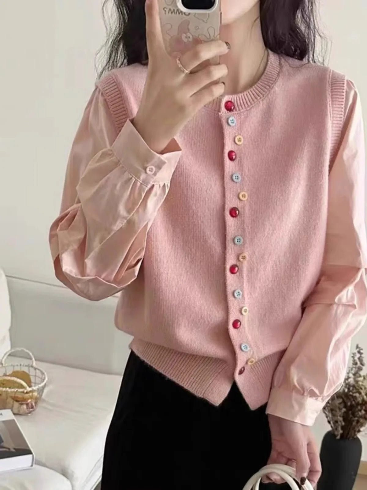 European goods color button cashmere knit vest cardigan women spring and autumn new round neck sleeveless sweater vest