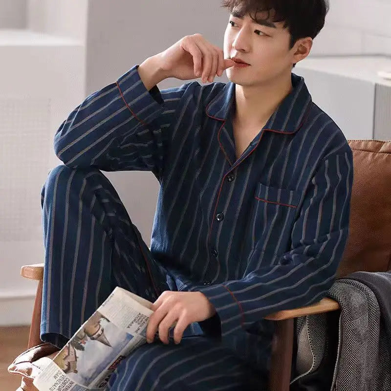 Men's Printed Button Front Long Sleeve Shirt and Pants Pajama Set