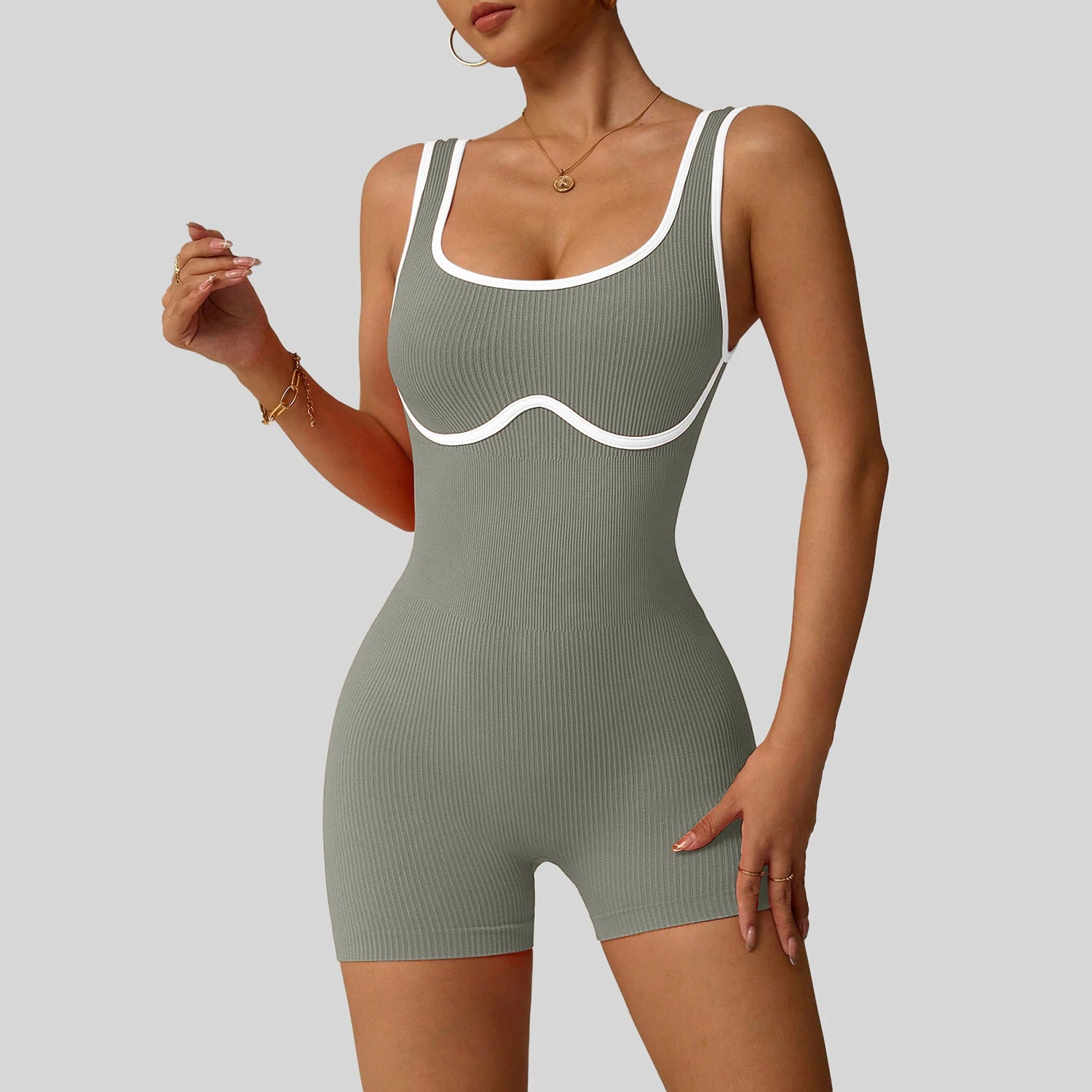 Women's Ribbed Nylon Blend Workout Romper with Contrast Trim and Scoop Neck