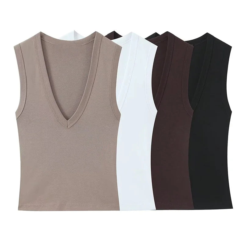 Women's Deep V Neck Polyester Tank Top with Sleeveless Fitted Cut